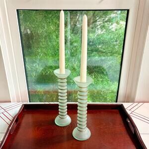 Vintage Frosted Glass Candlesticks Pair Gold Spiral 9.75” Taper Holders